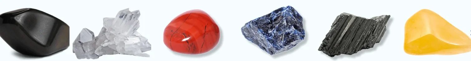 Obsidian, clear quartz, red jasper, sodalite, tourmaline, calcite